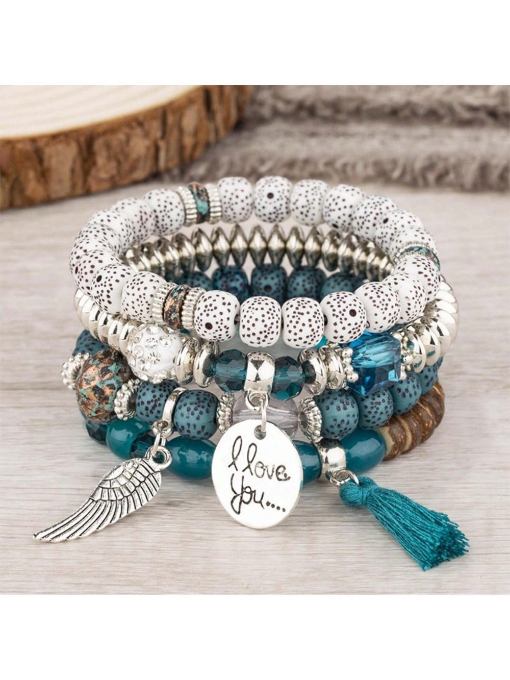 I Love You Teal Stacked Charm Bracelet Set - Women's Jewelry